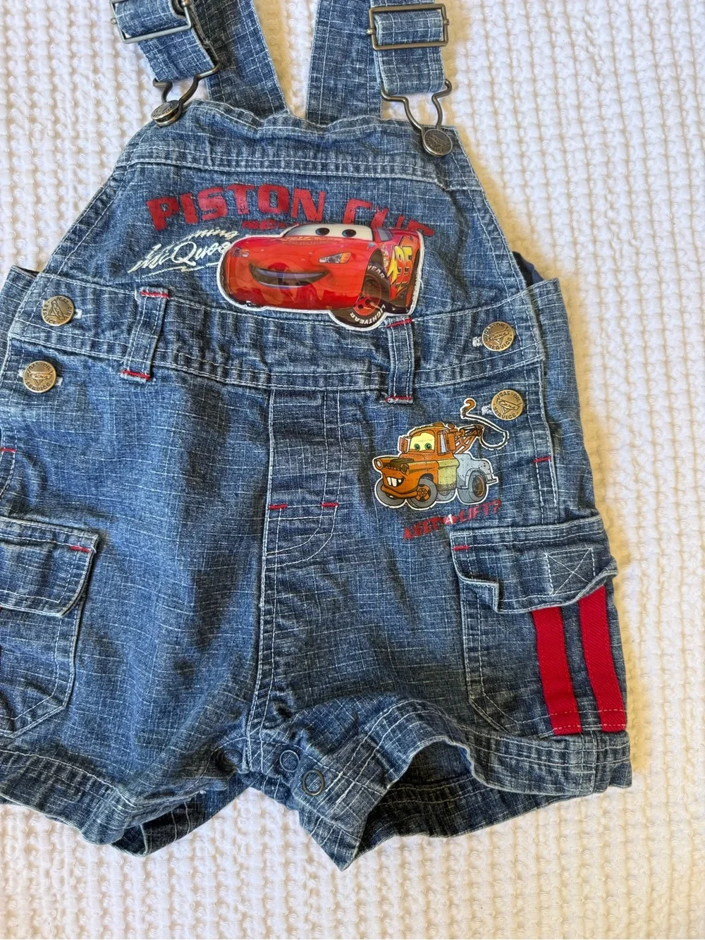Disney Denim Short Overalls in Blue with Red Trim and Cars Graphics